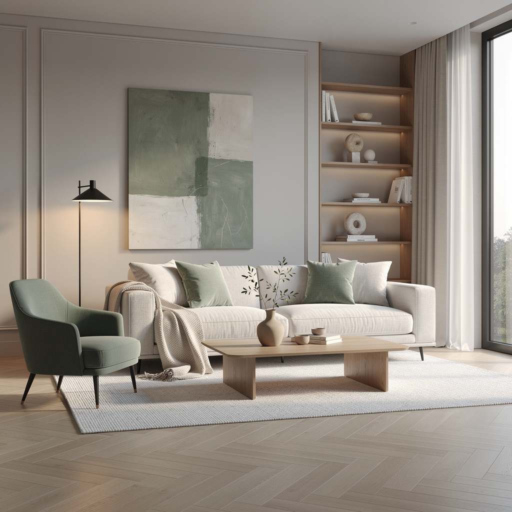 Luxury modern living room with warm natural lighting and calm wellness atmosphere