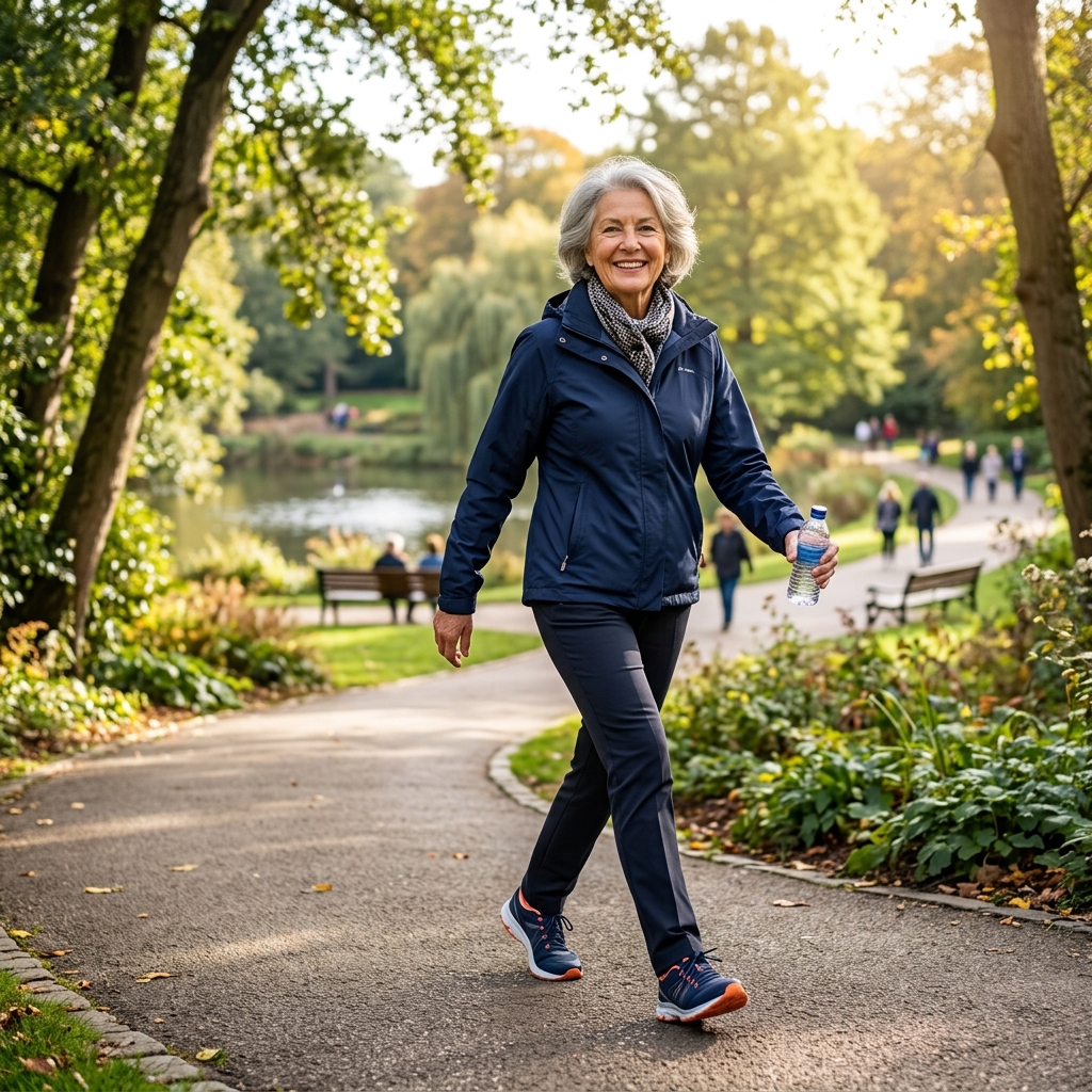 Older adult woman walking confidently in a park