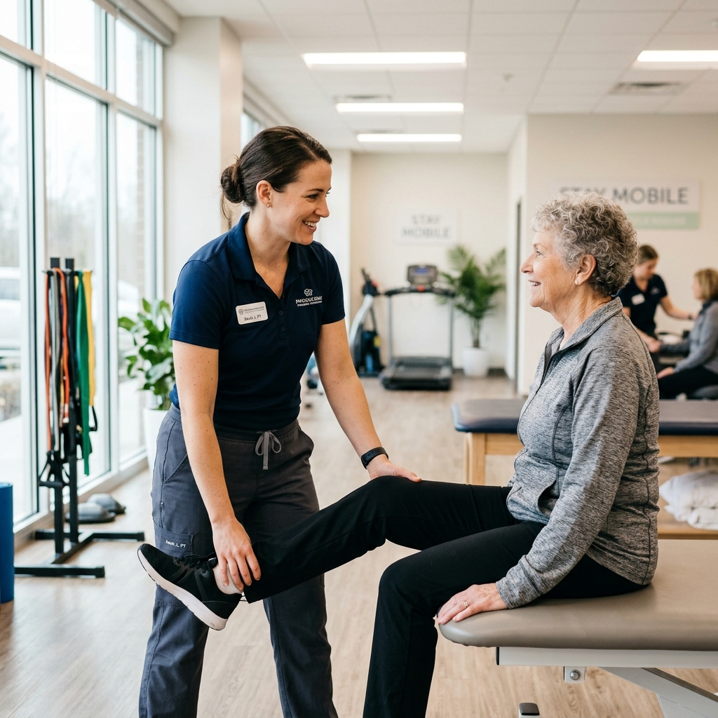 Physical therapist assisting an older adult woman with leg rehabilitation