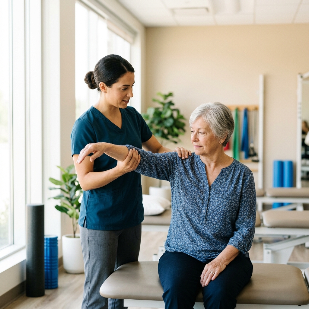 Physical therapist guiding an older adult through arm extension exercise in a bright clinic
