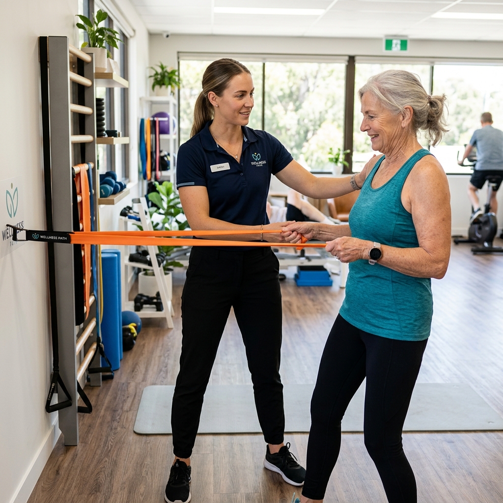 Physical therapist assisting a patient with resistance band exercise in a modern clinic