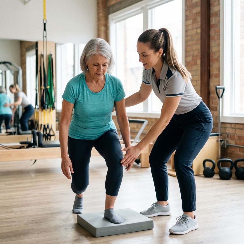 Trainer guiding an older adult through balance training in a modern gym